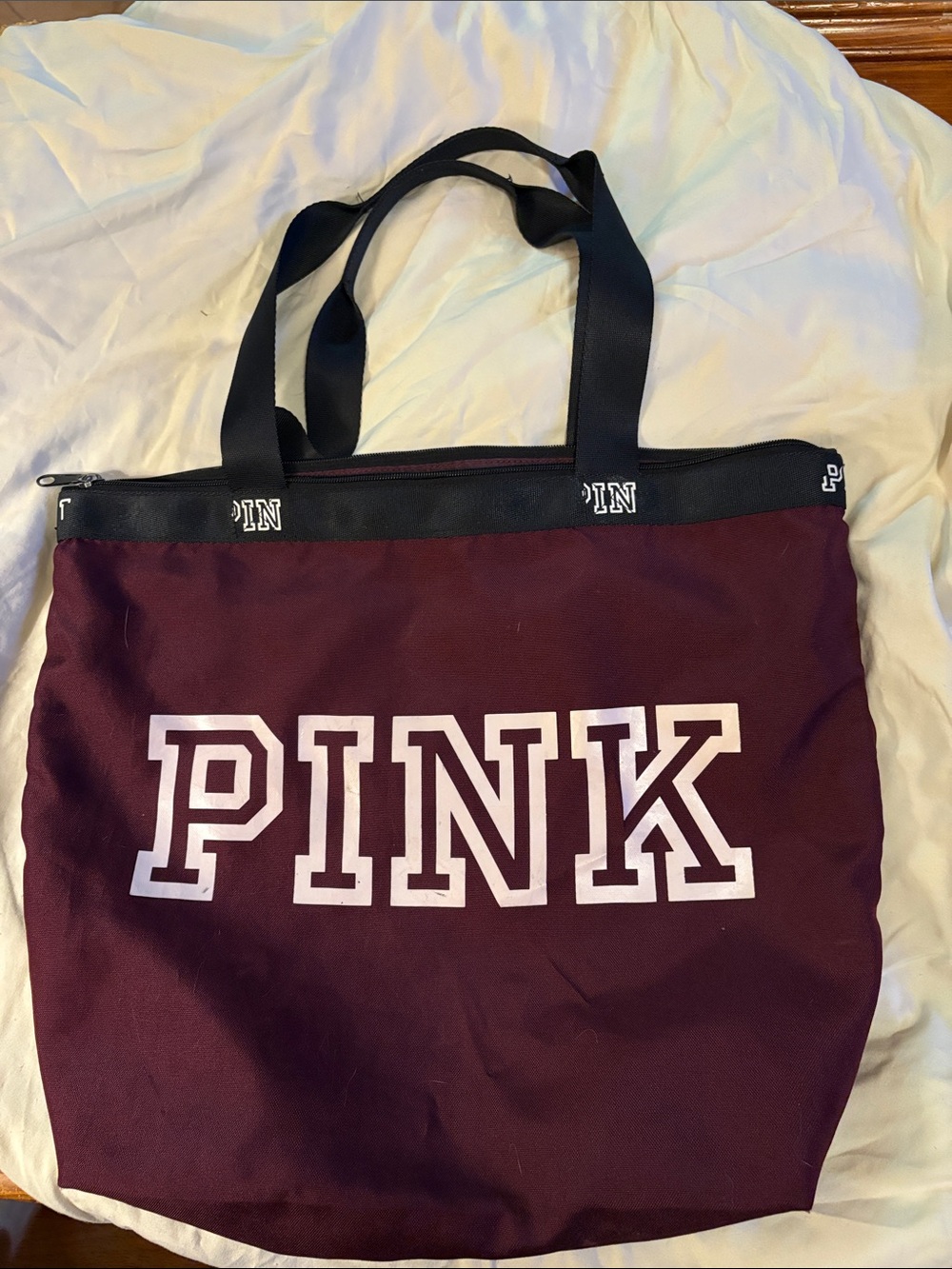 PINK Victoria's Secret Maroon Canvas Tote with Black Handles